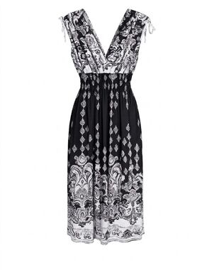 Jon & Anna Black and White Printed V-Neck Midi Dress
